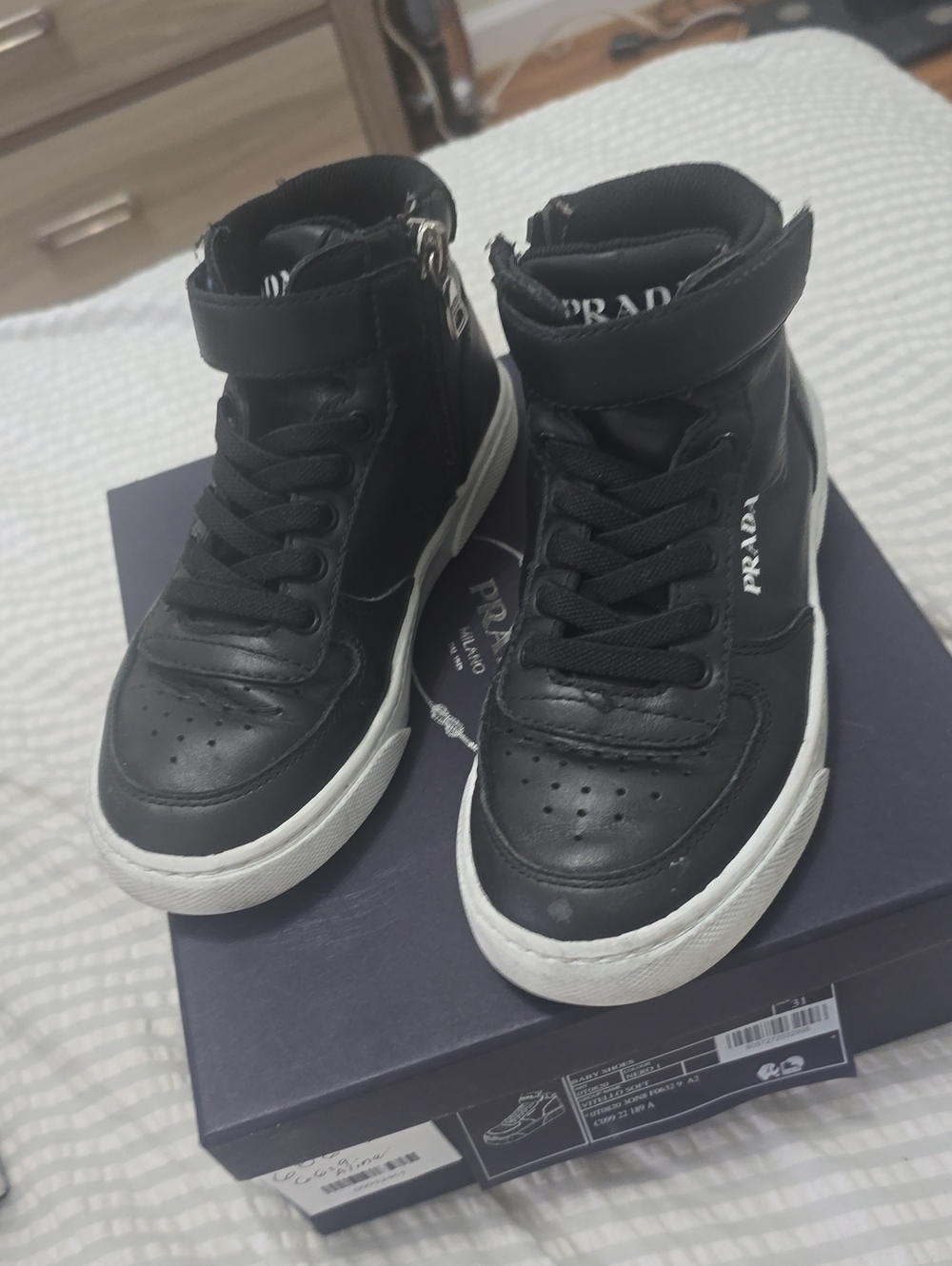 Prada Kids Black High-Top Leather Sneakers with White Soles
